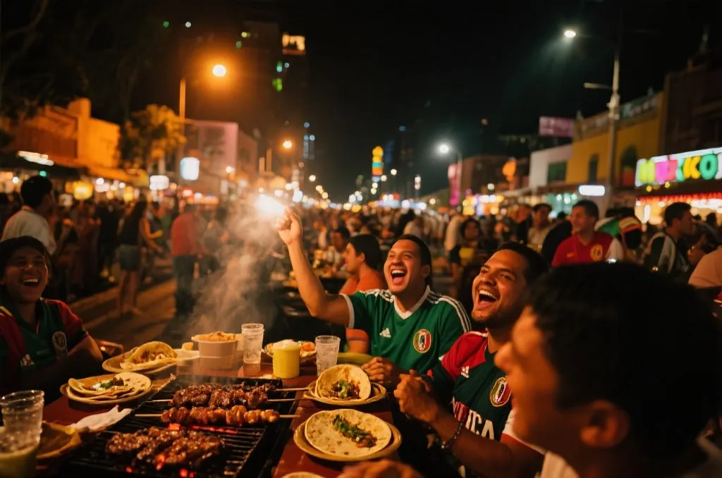 墨西哥主办城市夜晚的球迷聚会与街头美食